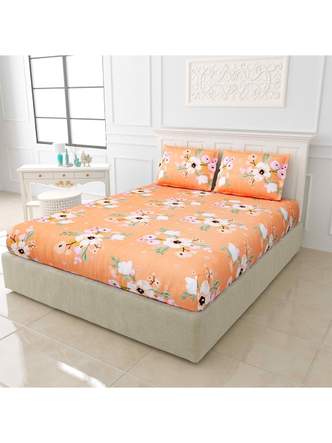 

JAIPUR FABRIC Orange & White Floral 150 TC King Bedsheet with 2 Pillow Covers