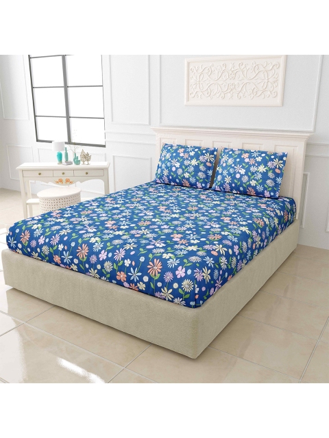 

JAIPUR FABRIC Blue & Coral Floral 150 TC King Bedsheet with 2 Pillow Covers