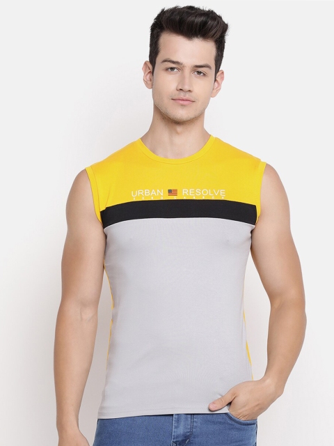 

V2 Value & Variety Men Mustard Yellow & Grey Colourblocked Pure Cotton T-shirt