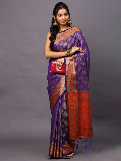 

Mitera Purple & Red Woven Design Zari Silk Blend Banarasi Saree