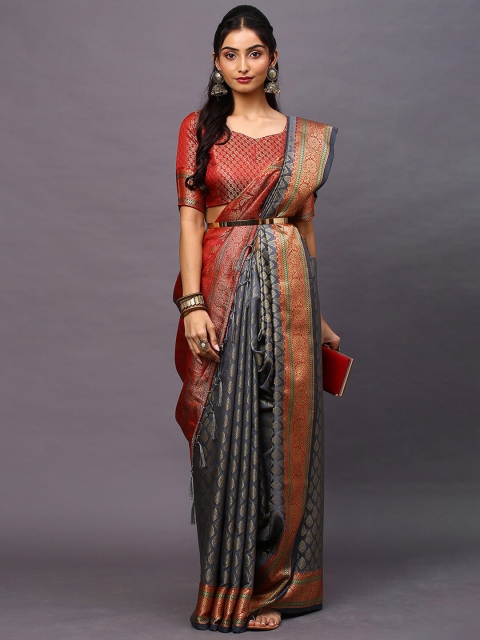 

Mitera Grey & Red Woven Design Zari Silk Blend Banarasi Saree