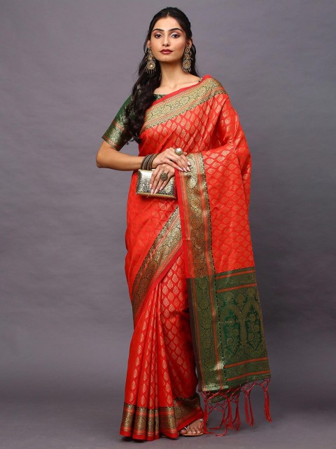 

Mitera Red & Green Woven Design Silk Blend Banarasi Saree
