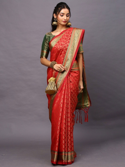 

Mitera Maroon & Golden Ethnic Motifs Zari Silk Blend Banarasi Saree