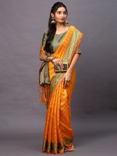 

Mitera Yellow & Green Ethnic Motifs Zari Silk Blend Banarasi Saree
