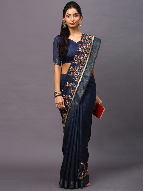 

Mitera Navy Blue & Red Floral Embroidered Zari Saree