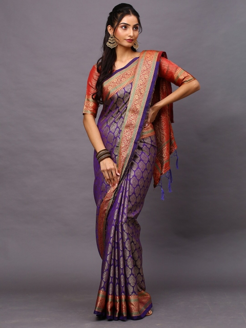 

Mitera Purple & Red Woven Design Zari Silk Blend Banarasi Saree