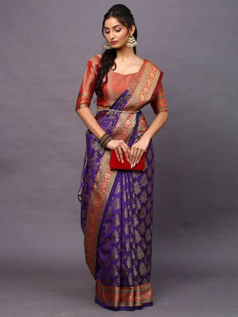 

Mitera Purple & Red Woven Design Zari Silk Blend Banarasi Saree