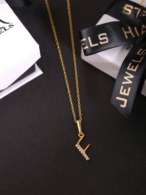 

Hiara Jewels Gold-Plated & White CZ-Studded Initial F letter Pendant With Chain