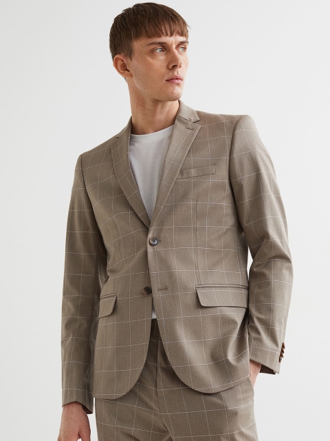 

H&M Men Beige & White Checked Jacket Slim Fit