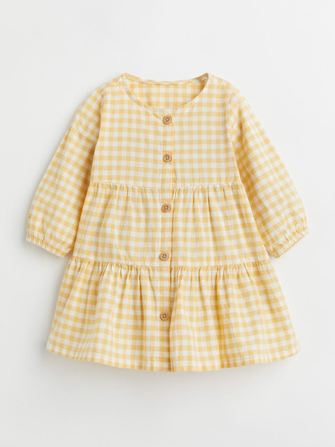 

H&M Girls Yellow Checked Pure Cotton Button-Front Cotton Dress