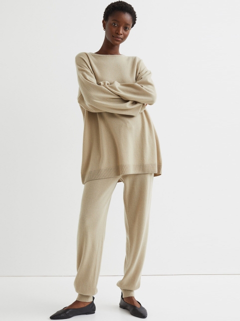 

H&M Women Beige Fine-Knit Cashmere Joggers