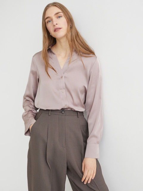 

H&M Women Dusty Pink Solid Shirt Style V-Neck Blouse