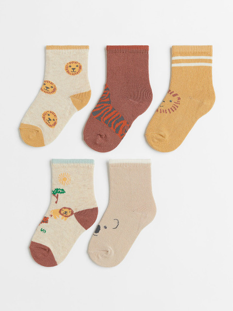 

H&M Girls Pack Of 5 Printed Socks, Beige