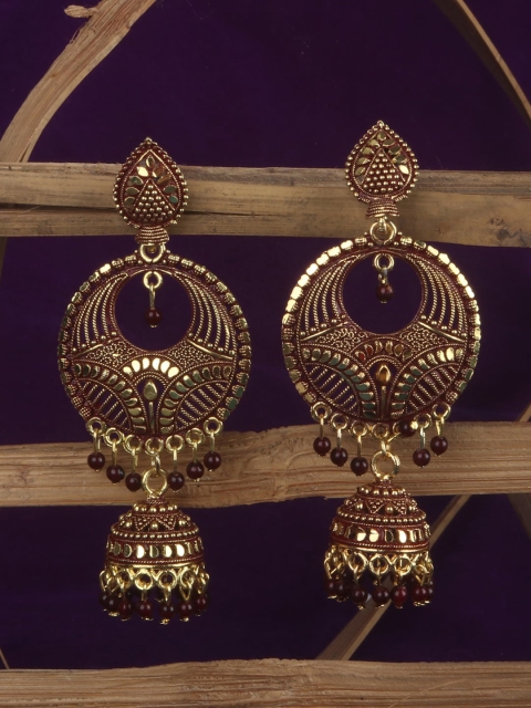 

ANIKAS CREATION Maroon & Gold-Plated Contemporary Jhumkas Earrings