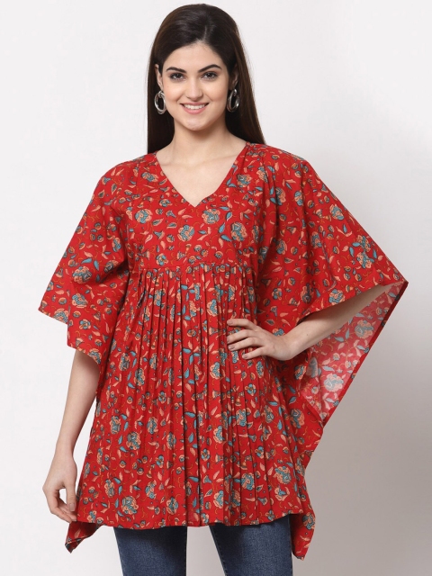

KBZ Red Floral Print Pure Cotton Kaftan Longline Top