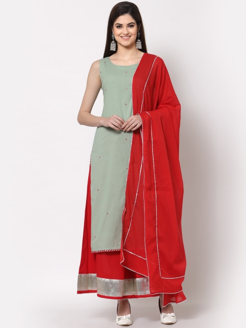 

KBZ Women Green & Red Embroidered Pure Cotton Kurta Skirt With Dupatta