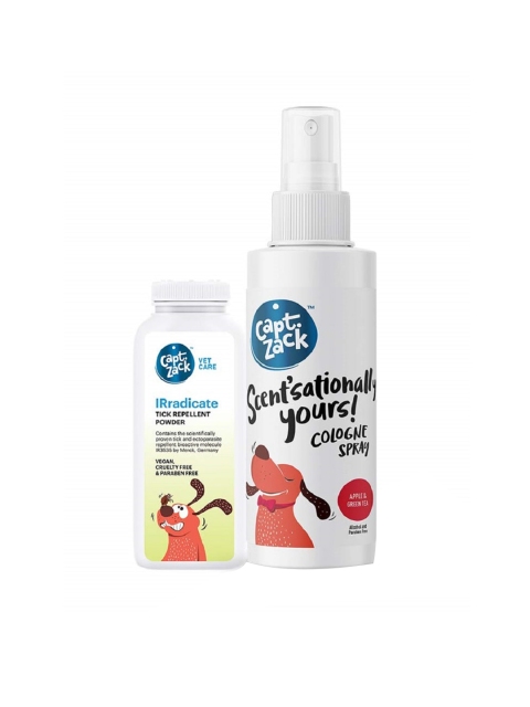 

Captain Zack Set of 2 Eradicate Tick Repellent Powder & Scentsationally Yours Dog Cologne, Transparent