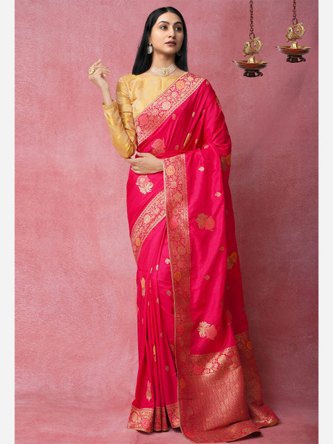 

Unnati Silks Pink & Gold-Toned Floral Woven Design Zari Silk Blend Banarasi Saree