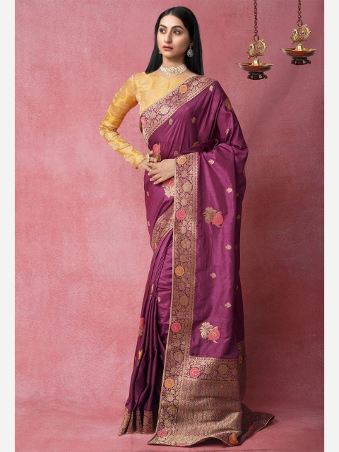 

Unnati Silks Purple & Gold-Toned Woven Design Zari Silk Blend Banarasi Saree