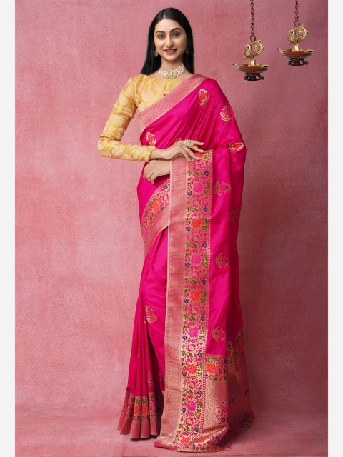 

Unnati Silks Pink Woven Design Zari Silk Blend Banarasi Saree