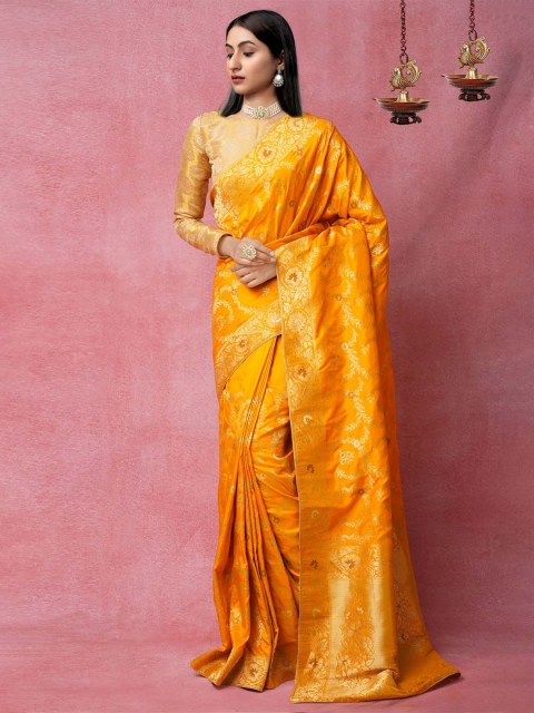 

Unnati Silks Yellow & Gold-Toned Woven Design Zari Silk Blend Banarasi Saree