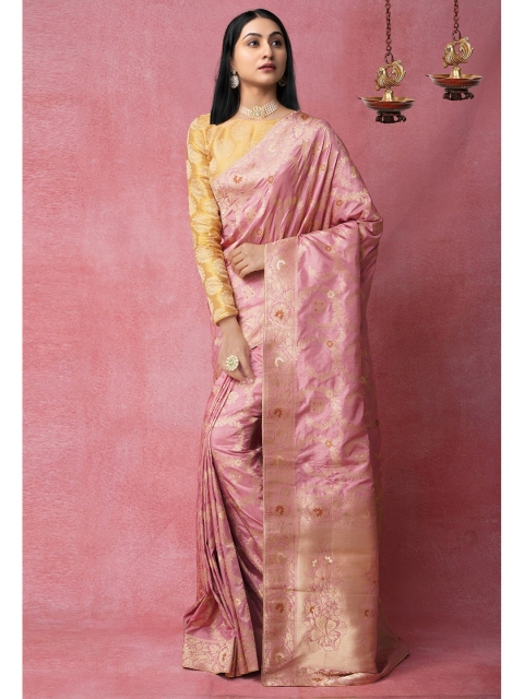 

Unnati Silks Pink & Gold-Toned Woven Design Zari Silk Blend Banarasi Saree