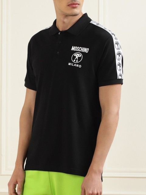 

MOSCHINO COUTURE Men Black Typography Printed Polo Collar T-shirt