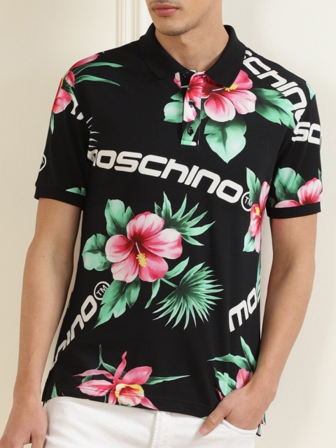 

MOSCHINO COUTURE Men Black & Pink Floral Printed Cotton Polo Collar T-shirt