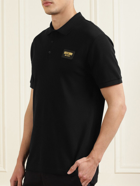 

MOSCHINO COUTURE Men Black Polo Collar Cotton T-shirt