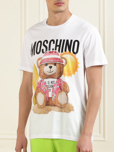 

MOSCHINO COUTURE Men White & Beige Printed Cotton Round Neck T-shirt