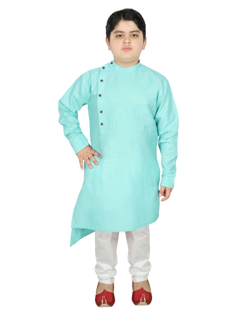 

SG YUVRAJ Boys Turquoise Blue Angrakha Pure Cotton Kurta with Pyjamas