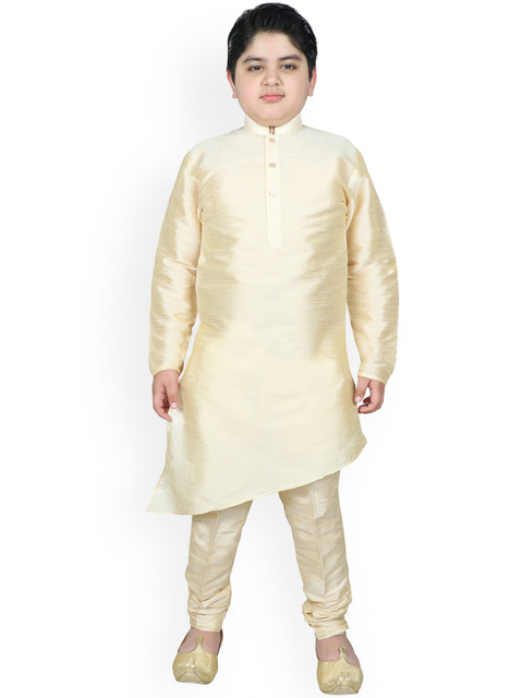 

SG YUVRAJ Boys Cream-Coloured Solid Raw Silk Kurta Trousers Set