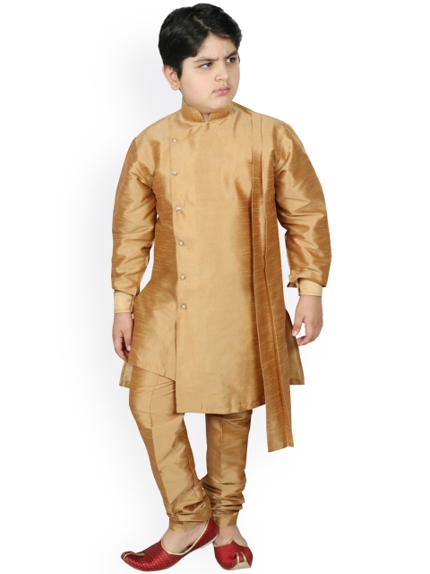 

SG YUVRAJ Boys Gold-Toned Angrakha Raw Silk Kurta Trousers Set
