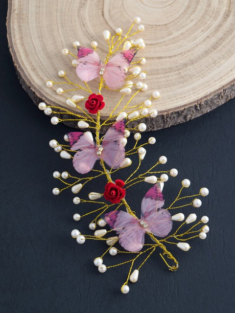 

Golden Peacock Women Gold-Toned & Pink Butterflies & Roses Embellished Tiara