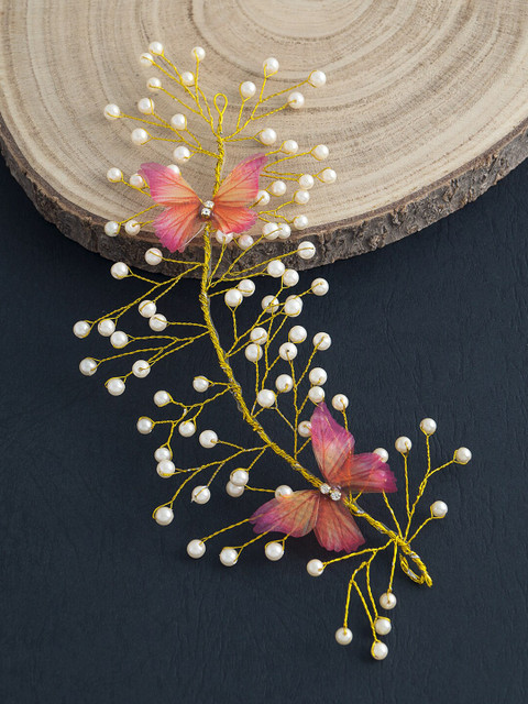 

Golden Peacock Women Gold-Toned & Pink Pearl Beaded Hair Styling Tiara