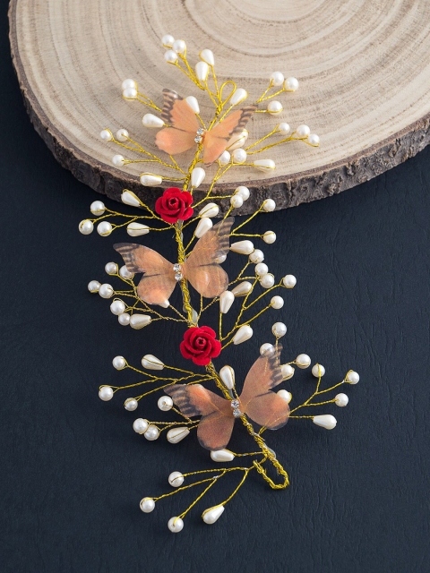 

Golden Peacock Women Gold-Toned & Peach-Coloured Butterfly & Roses Embellished Tiara