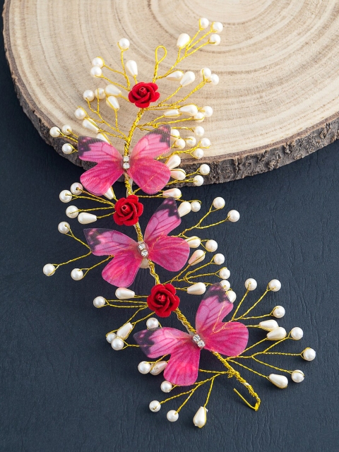 

Golden Peacock Women Gold-Toned & White Butterflies & Red Roses Embellished Tiara