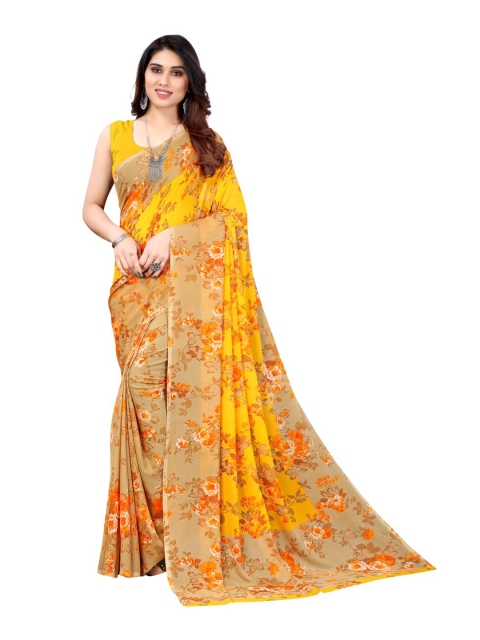 

KALINI Yellow & Purple Floral Pure Georgette Saree