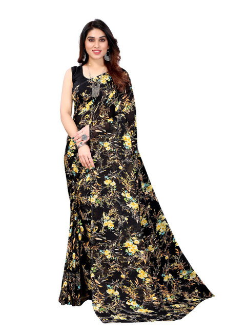 

KALINI Black & Yellow Floral Pure Georgette Saree