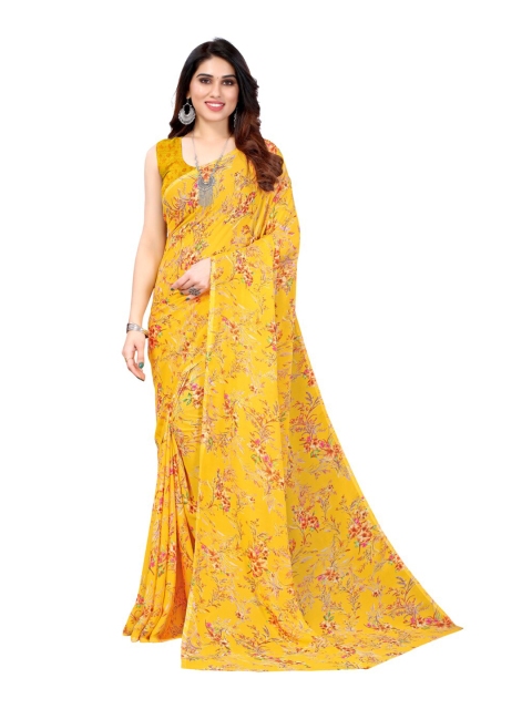 

KALINI Yellow & Pink Floral Pure Georgette Saree