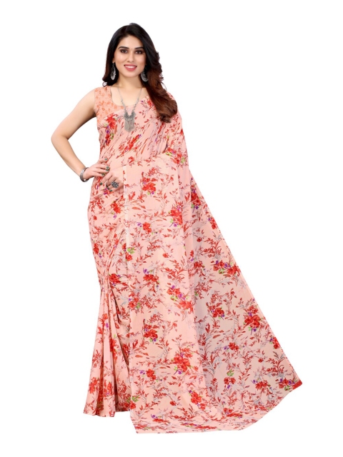 

KALINI Peach-Coloured & Red Floral Pure Georgette Saree