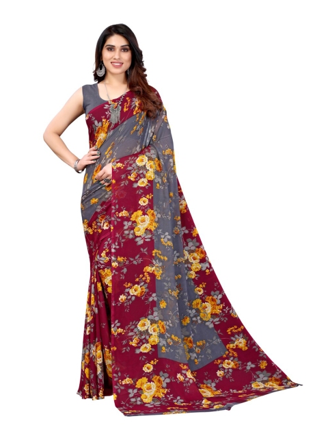 

KALINI Grey & Maroon Floral Pure Georgette Saree