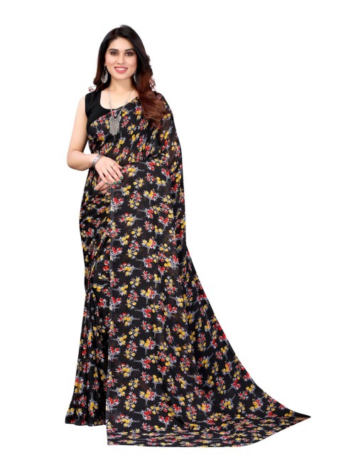 

KALINI Black & Yellow Floral Pure Georgette Saree