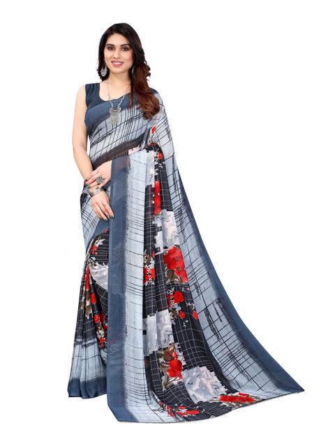 

KALINI Grey & White Floral Printed Pure Georgette Saree