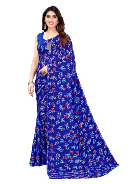 

KALINI Blue & Red Floral Pure Georgette Saree