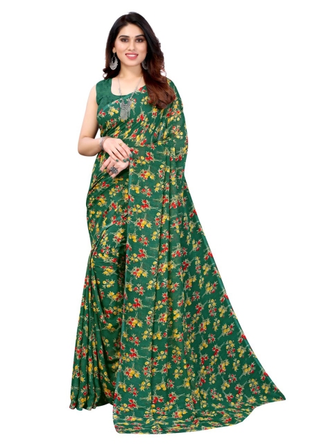

KALINI Green & Yellow Floral Pure Georgette Saree