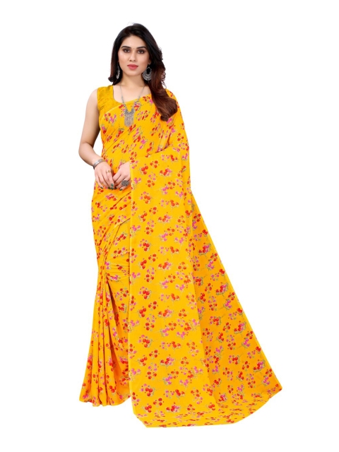 

KALINI Yellow & Red Floral Pure Georgette Saree