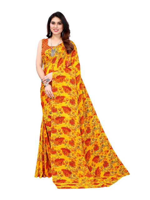 

KALINI Yellow & Red Floral Pure Georgette Saree