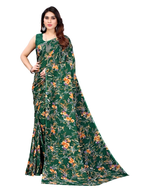 

KALINI Green & Orange Floral Pure Georgette Saree