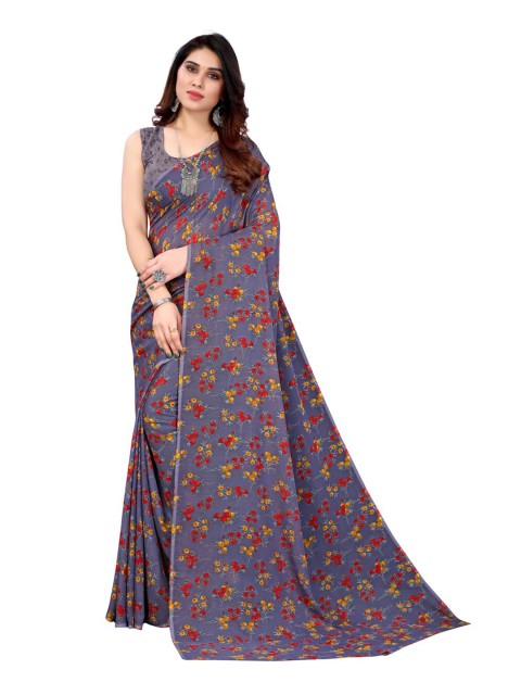 

KALINI Purple & Red Floral Pure Georgette Saree